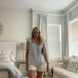 THML Blue Blouse with Embroidered Floral Design